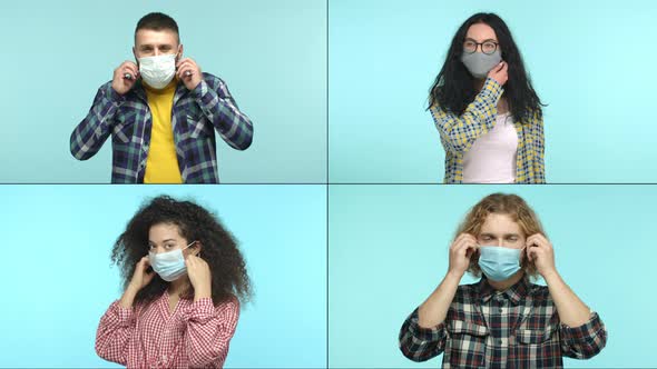 Collage of Diverse Men and Women Take Off Medical Mask and Breathe Freely Inhale Air with Pleased