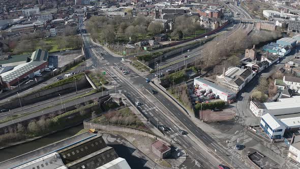 Aerial footage of the A50, A500 motorway, dual carriage way in the heart of the city of Stoke on Tre alt