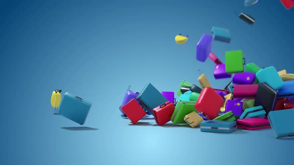 animation of falling suitcases. annotation - poor loading or collapse of tourism alt