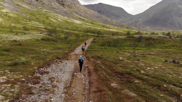 A Group of Tourists Hiking to the Khibiny Mountains on the Kola Peninsula