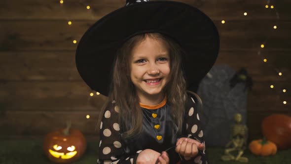 Little Girl Child In Witch Costume For Halloween Holiday alt
