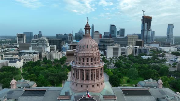 Texas state capitol dome and Austin urban city skyline. Beautiful aerial view. alt