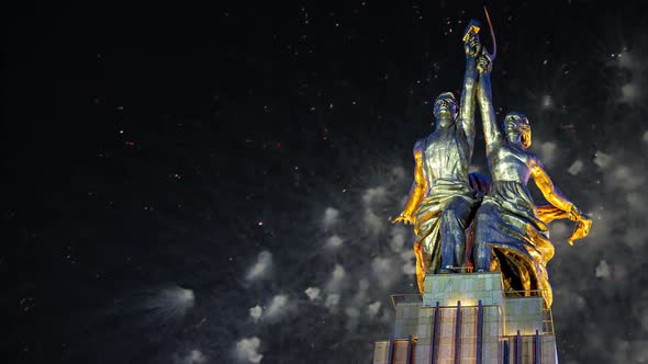 fireworks and soviet monument Rabochiy i Kolkhoznitsa, Moscow, Russia.Made of in 1937