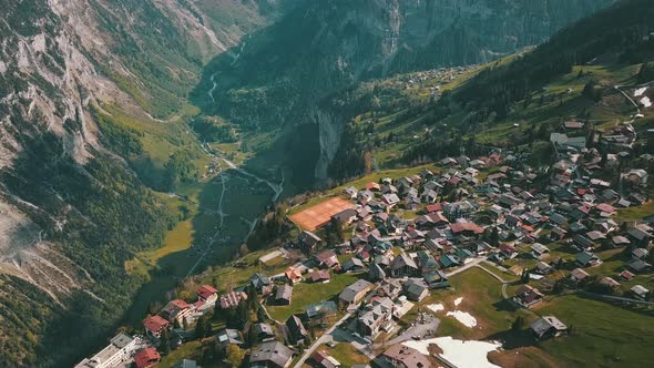 Drone Shot of Murren a Traditional Walser Mountain Village in the Bernese Highlands of Switzerland