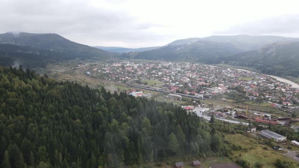 Aerial View of the Village in the Carpathian Mountains in Autumn. Ukraine alt