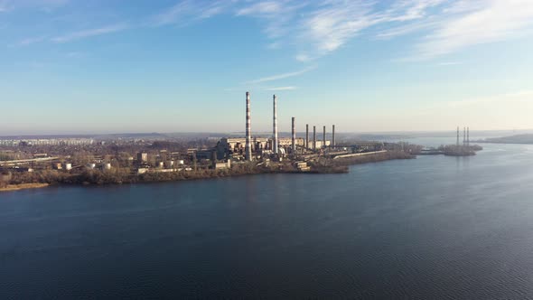Aerial View of Coal-Fired Power Plant in a Large Area Near the River