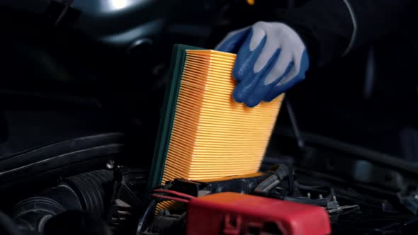Man with gloves inserts a new air filter into a car in a service station alt