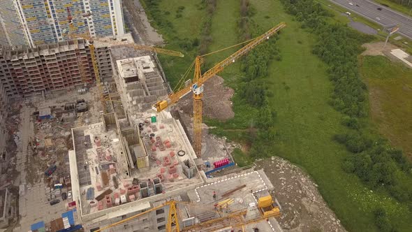 Aerial Shot of Crane, Construction New Modern Building Work Builders and Technicals alt