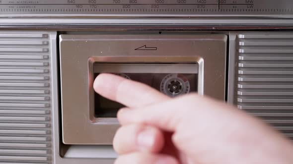Woman Points Finger Transparent Vintage Cassette Tape Inside Tape Recorder alt