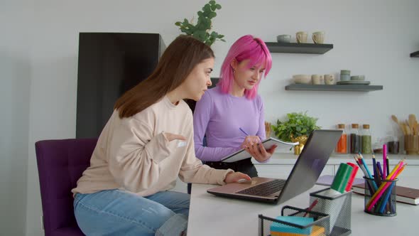 Positive Female College Students with Laptop Studying Together in Dorm Room alt