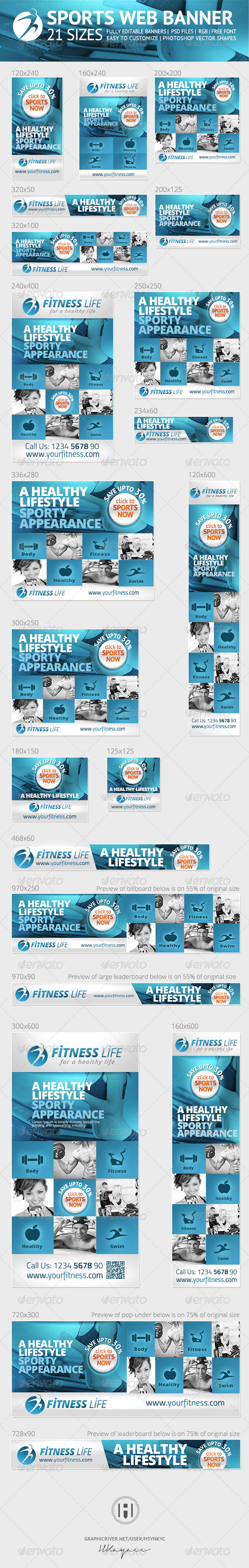Sports and Fitness Web Banners Ads - Banners & Ads Web Elements