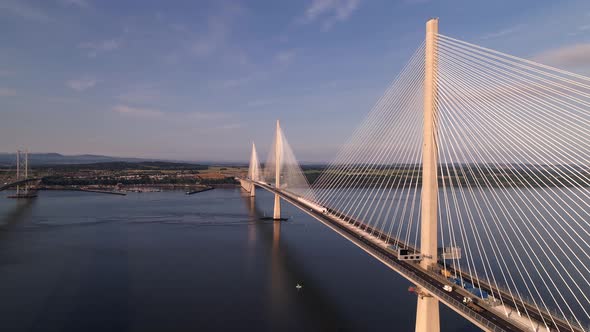 The Queensferry Crossing, the newer of the three bridges that spans the River Forth in Scotland. Fly alt