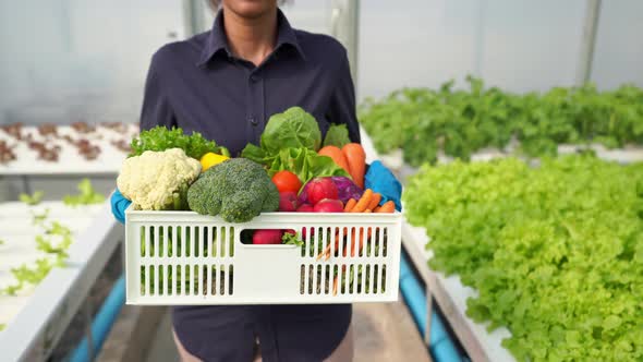 4K Portrait of African woman farmer holding a crate of fresh organic vegetables