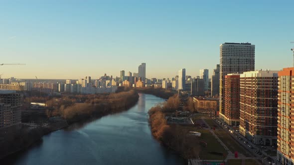 Flying Over the River with a View of Moscow in Late Autumn