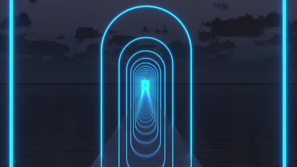 Blue Neon Arch Against the Background of the Night Sky and the Sea alt