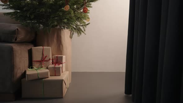 Orbit Shot of Christmas Gifts Under Spruce Indoor with Warm Light alt