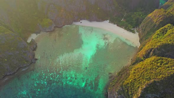 Aerial view of Phi Phi, Maya beach at sunset with Andaman sea in Phuket. Thailand alt