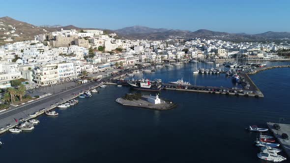 Port of Chora on the island of Naxos in the Cyclades in Greece aerial view alt