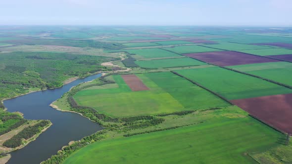 A body of water among spring agricultural fields and trees.