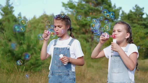 Two young girls playing with soap bubbles in the park alt