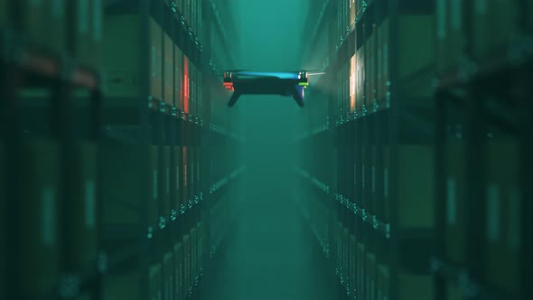 Warehouse drone scanning QR codes on the cardboard boxes in a metal shelf. alt