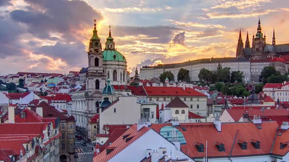 Sunset Behind St Nicolas Timelapse in Mala Strana in Prague alt