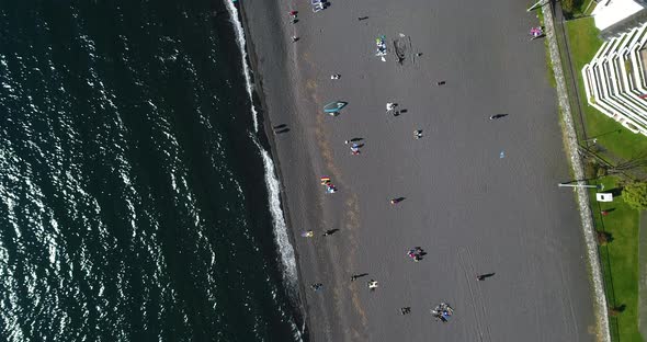 Drone Aerial Straight Above Black Sand Beach Pucon Chile Lake Villarrica  alt