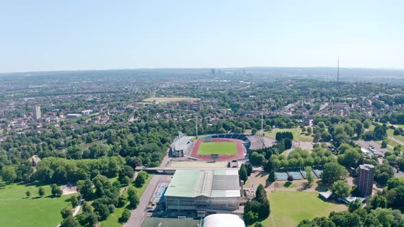 Circling drone shot of Crystal Palace National sports centre alt