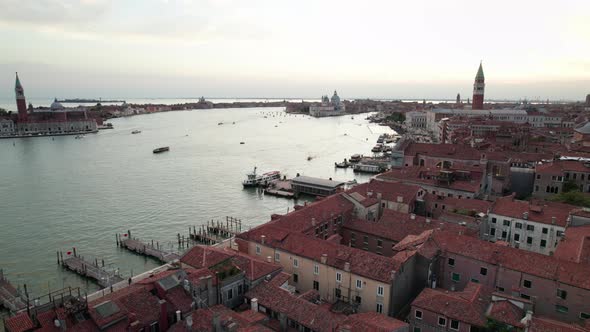 Aerial View of Venice Italy with Grand Canal Rooftops of Buildings and Boats alt