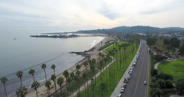 Flying over Cabrillo Boulevard on Santa Barbara, California coast