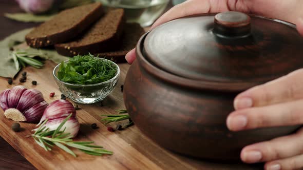 Putting Boiled Borsch on Board and Opening Closeup Cooking Soup Made of Beetroot alt