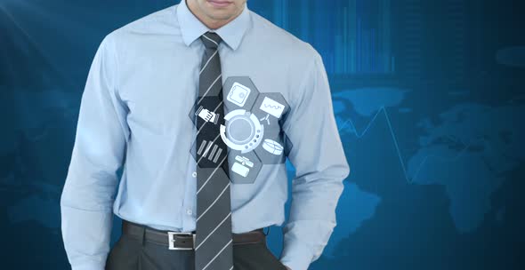 Businessman using digital interface screen with icons alt