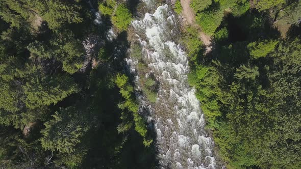 Aerial Drone Topical View Showing Rushing Water Rapids Between Evergreen Forest 1