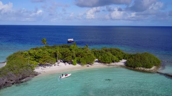 Drone view travel of lagoon beach by clear ocean with sand background alt