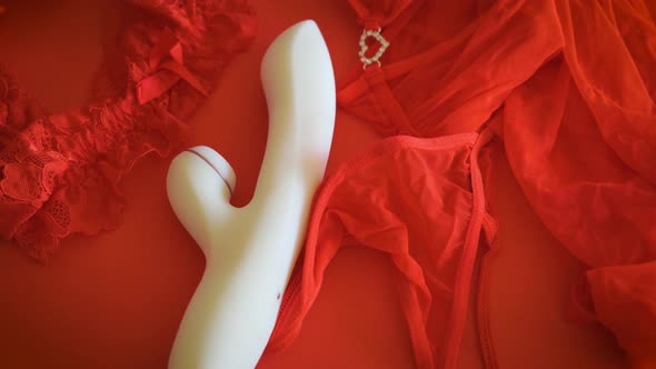 White Vibrator Sex Toy on Red Background with Underwear