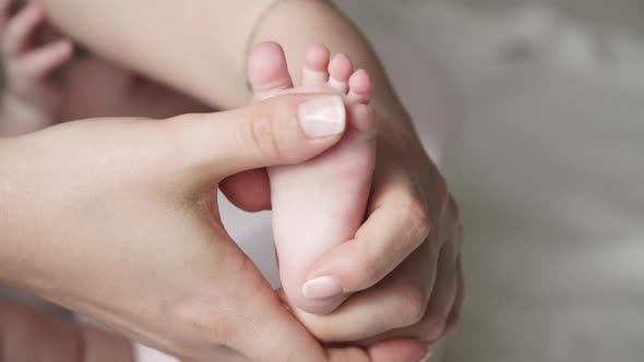 Newborn Cute Baby Foot in Mothers Hand