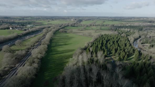 Travel Aerial Winter Landscape M40 Motorway Railway Grand Union Canal Water Warwickshire UK