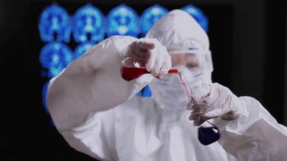 Scientist in medical lab research blood analysis. Doctor working in laboratory alt