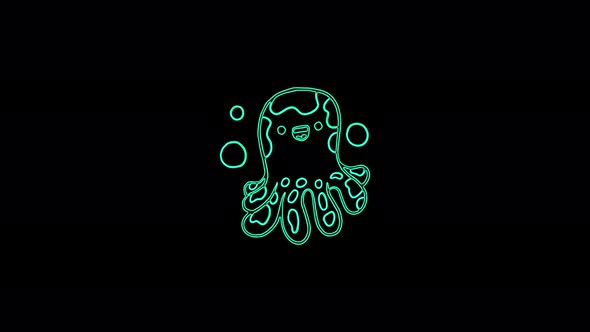 Glowing neon line Octopus icon isolated on black background. 4K Video motion graphic animation alt