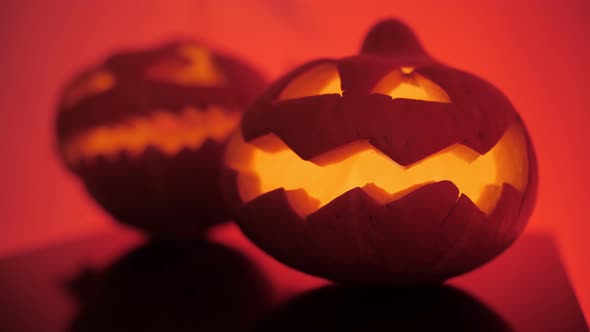 sinister pumpkins on Halloween, bat in the background alt