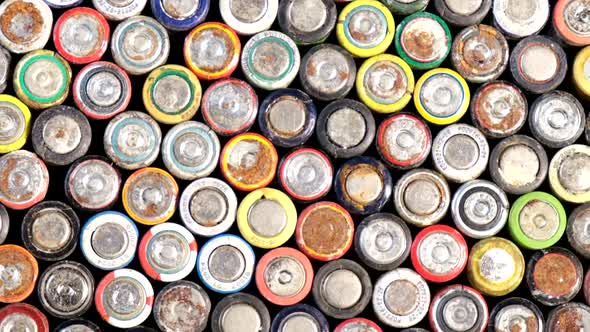 Used batteries, waste, high risk to the environment. Background with batteries. alt