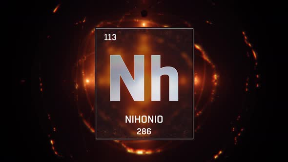 Nihonium as Element 113 of the Periodic Table on orange background in Spanish Language