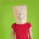 A Crazy Woman is Gesturing with a Cardboard on Her Head with Smiley Face on a Green Screen Chromakey - VideoHive Item for Sale