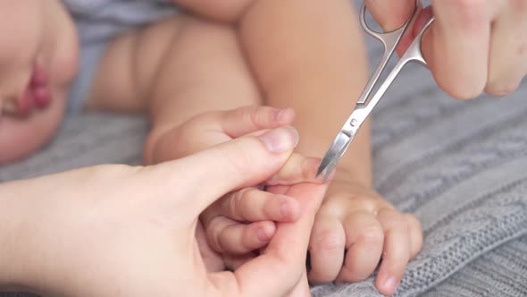 Mom carefully cuts the nails of a sleeping baby 12-15 months with nail scissors. Selective focus alt
