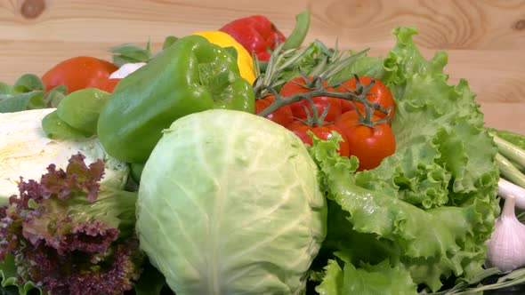 Vegetables on a Tray Close-up. Vegetables on the Kitchen Counter. Tomato Cucumber Zucchini Onion