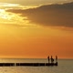 Four silhouettes of teenage children jump into the sea from breakwaters at an orange sunset - VideoHive Item for Sale