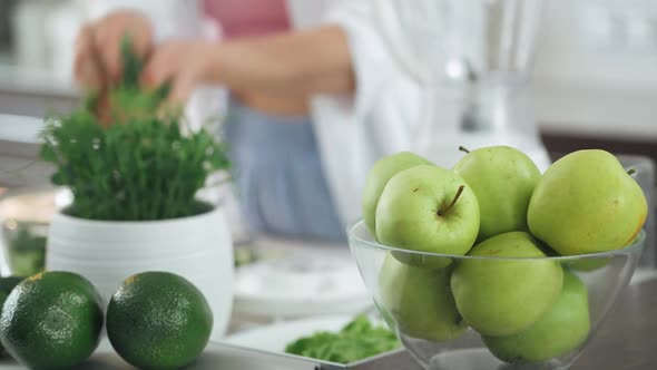 Female Prepares Smoothies in the Kitchen Woman Puts the Green Vegetables Ingredients in a Blender alt