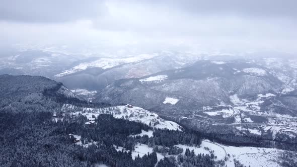 Aerial drone view of beautiful winter scenery in the mountains with pine trees covered with snow.