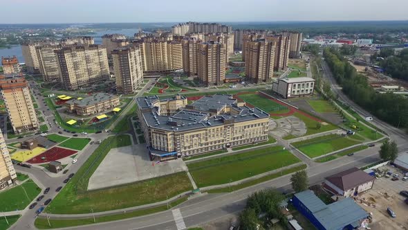 the exterior of the new modern school in the modern residential district,exterior alt