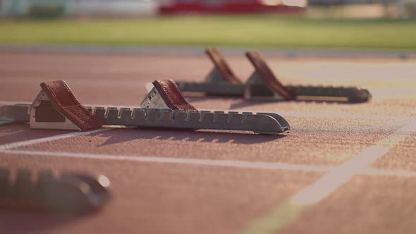 Closeup Three Female Track and Water Athletes on the Start Line at the Stadium Competition Prepare alt